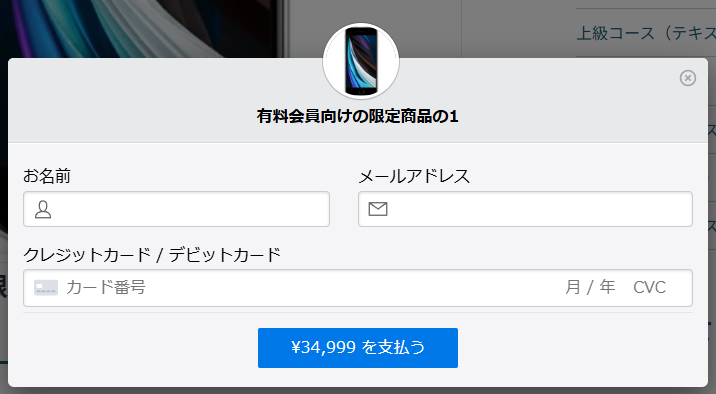 お支払いの画面。商品名の下にお名前・メールアドレス・クレジットカードの入力欄と、金額入りの支払うボタンがある